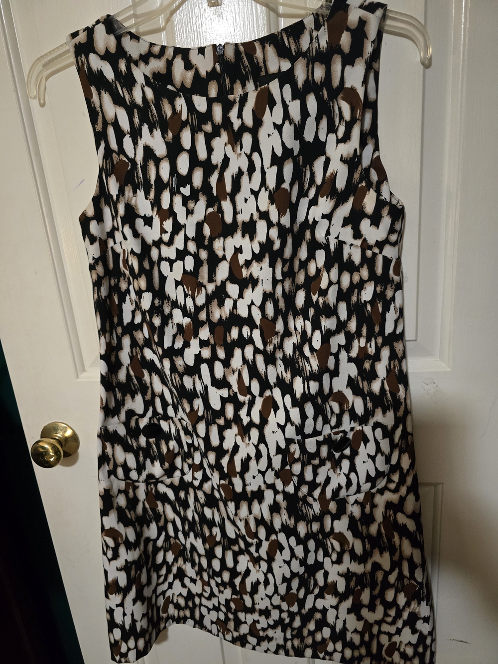 2- Sleeveless Black, White & Brown Printed Shift Dresses